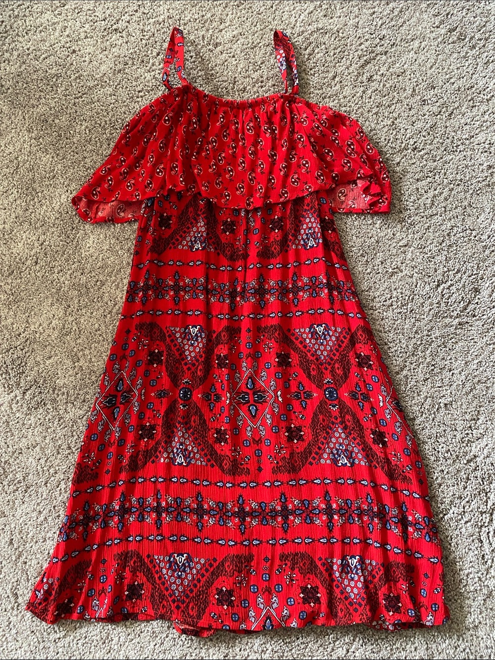Red Printed Ruffle-Top Dress